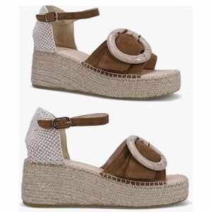 Ron White Juno Espadrille Woven Raffia Suede Ankle Strap Platform Wedge Sandal